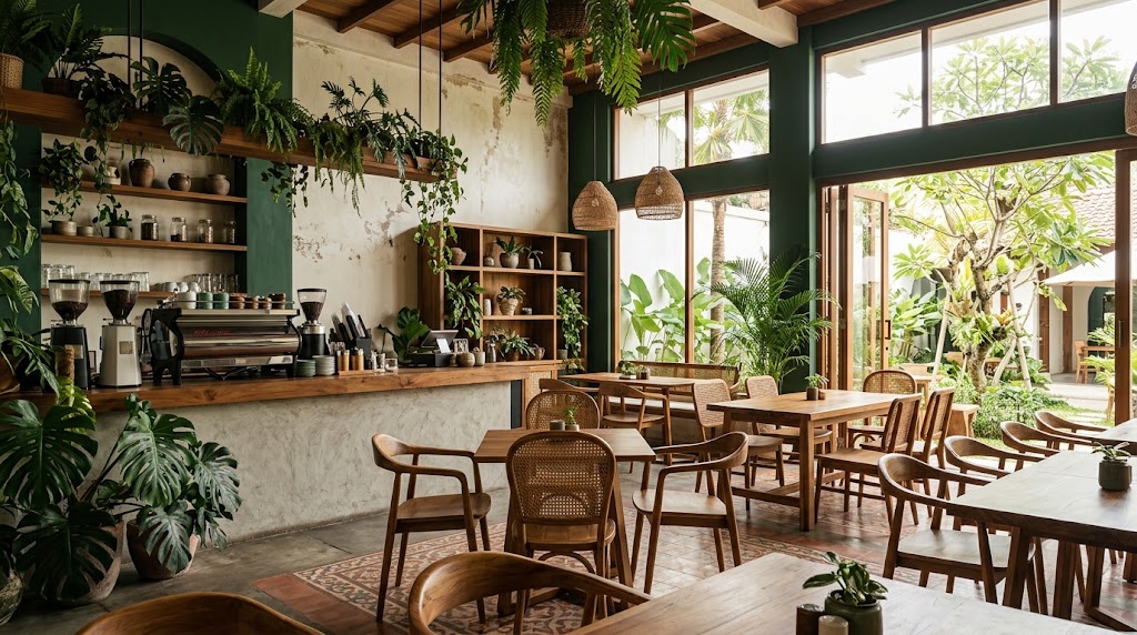 Cafe dengan meja kayu dan mesin espresso