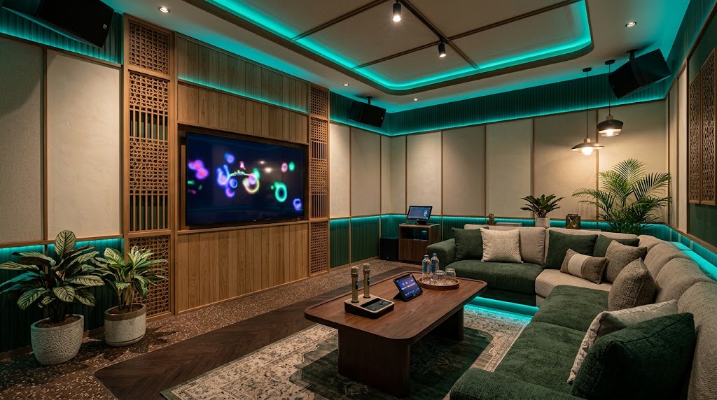Ruang karaoke dengan sofa dan layar