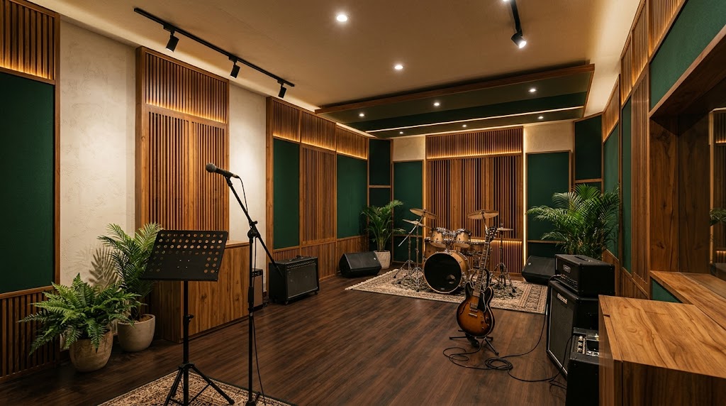 Studio musik dengan drum dan gitar